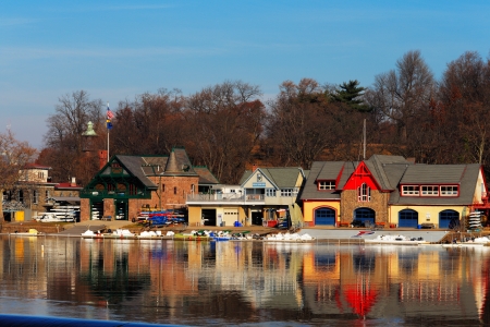 The Schuylkill River hosts Philadelphias famed boathouse row, as a colorful backdrop to the Fairmount Dam Fishway, City of Philadelphiaのeditorial素材