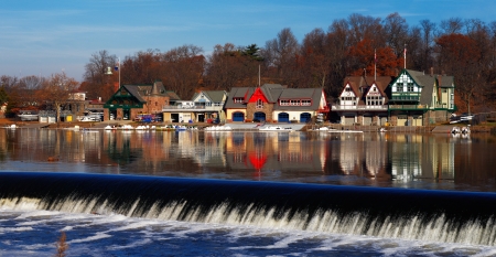 The Schuylkill River hosts Philadelphias famed boathouse row, as a colorful backdrop to the Fairmount Dam Fishway, City of Philadelphiaのeditorial素材