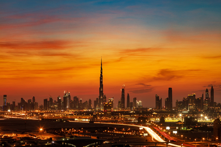 A beautiful skyline view of Dubai as viewed from Dubai Festival City during a golden set eveningのeditorial素材