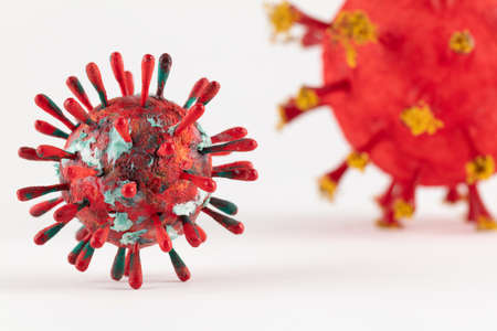 A photograph of two colorful 3D Virus artwork model forms. Inspired by the Covid-19 lockdown of 2020の写真素材