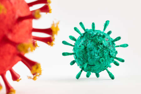A photograph of two colorful 3D Virus artwork model forms. Inspired by the Covid-19 lockdown of 2020の写真素材