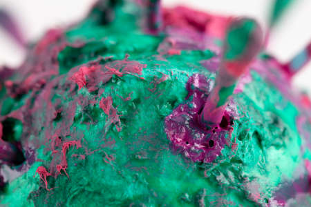 An abstract macro photograph of a colorful virus sculpture. The artwork inspired by the Covid-19 lockdown of 2020の写真素材