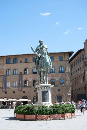 Florence, Italy - August 4 2013: The statue of Piazza della Signoria Florence in Tuscany. Man on horseback, bronze sculpture. Equestrian statue of Duke of Florence and Grand Duke of Tuscany Cosimo I of Medici, family of Medici, bronze of 1594, by Giamboloのeditorial素材