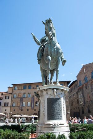 Florence, Italy - August 4 2013: The statue of Piazza della Signoria Florence in Tuscany. Man on horseback, bronze sculpture. Equestrian statue of Duke of Florence and Grand Duke of Tuscany Cosimo I of Medici, family of Medici, bronze of 1594, by Giamboloのeditorial素材