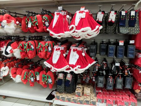 Mont-Saint-Martin, France - November 29, 2019: Auchan Christmas clothes at shopping mallのeditorial素材