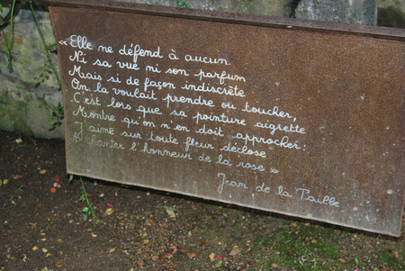 Ungersheim, France - July 21 2012: Poem by Jean de la Taille, 16th century French author, at the Ecomuseum of Alsaceのeditorial素材