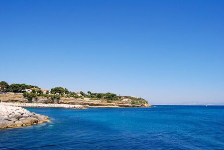 Beautiful view of the sea with the horizon and mountainous rocks in Provence, Marseilleの写真素材