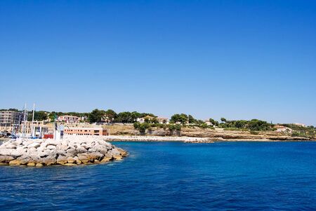 Beautiful view of the sea with the horizon and mountainous rocks in Provence, Marseilleの写真素材