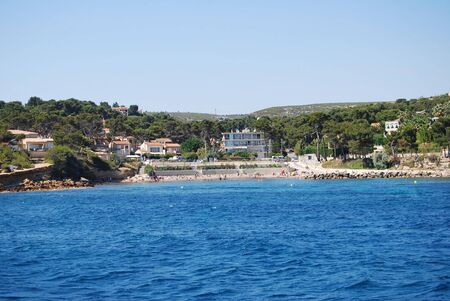 Beautiful view of the sea with the horizon and mountainous rocks in Provence, Marseilleの写真素材