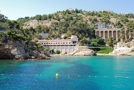 Beautiful view of the sea with mountain rocks with trees and beautiful villas houses in Provence, Marseilleのeditorial素材
