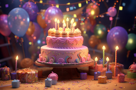 Birthday cake with burning candles and balloons on bokeh background. Generative AIの素材