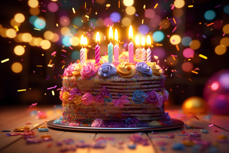 Birthday cake with burning candles on bokeh background, close up. Generative AIの素材