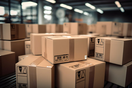 Cardboard boxes stacked in warehouse. Shallow depth of field.の素材