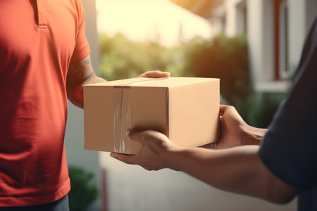 Delivery man giving parcel to customer at home, closeup of handsの素材