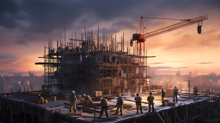 Vibrant cityscape with buildings, machinery, pier, and stunning sunset against the skyline.の素材