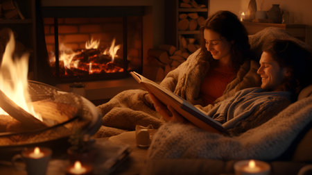 Warm living room with fireplace, candle and good book. Hygge Themeの素材