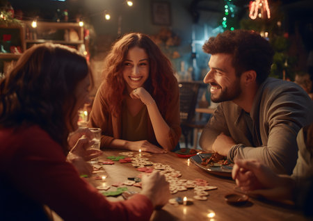 Friends enjoy playing board game together at warm living roomの素材