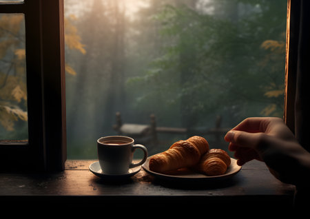 Man eating bread and drinking coffee during rest in the cottage in the mountainの素材