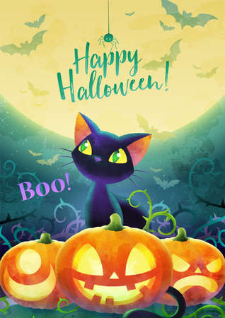 Happy Halloween invitation. Holiday trick or treat poster. Cartoon black cat face pumpkin bat and spider on the full moon background. Greeting card. Watercolor design. Vector illustration.のイラスト素材
