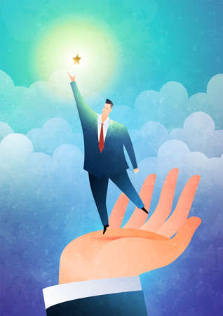 Helping hand. The hand lifts the businessman to reach out for the stars. Business concept vector illustration.のイラスト素材