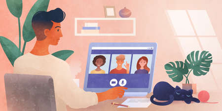 Work from Home. A business group meeting being held via a video conference call. Remote work, Online webinar, New normal. Online technology concept vector illustration.のイラスト素材