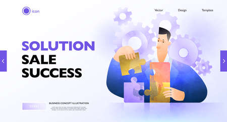 Business solution concept banner. Businessman solving jigsaw puzzle figuring out what is best. Business vector illustration.のイラスト素材