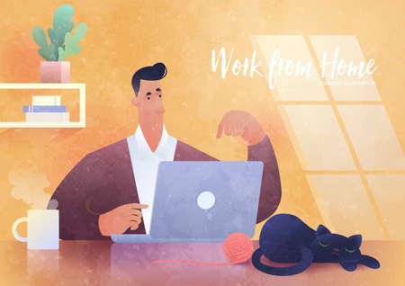 Work from home, business concept illustration. Man using laptop computer working at home with sleeping cat next to him. Business vector design template.のイラスト素材