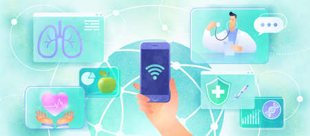 Online medical consultation design concept. User video calling a doctor and connecting medical services via smartphone, global network. Healthcare and technology vector illustration.のイラスト素材