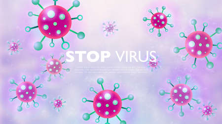 Stop Pandemic Novel Coronavirus Banner. Abstract textured virus flat art microbe on light purple background. Medical healthcare and microbiology concept. Vector design illustration template.のイラスト素材