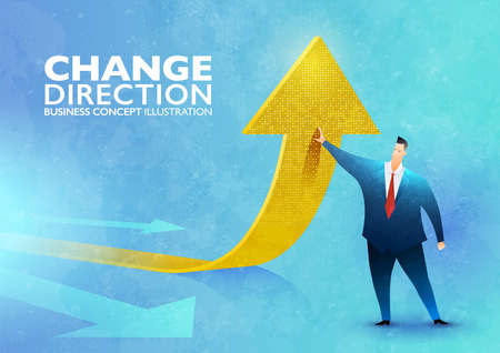 Change of a direction concept. Businessman standing to change the arrow sign's direction upward. Business vector illustration.のイラスト素材