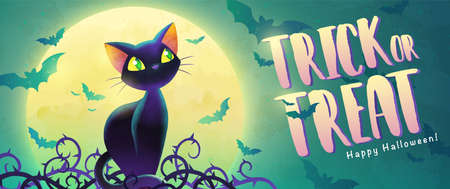Black cat cartoon with Full moon vector illustration for Halloween greeting concept banner.のイラスト素材