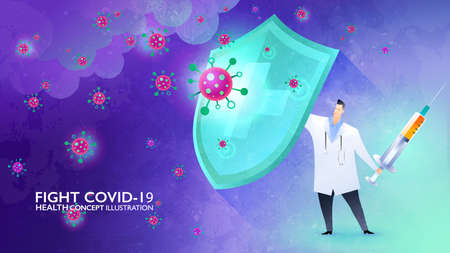 Fight Covid-19 concept illustration. Doctor rising the shield against the storm of viruses and ready to fight back with the vaccine in his hand. Vector design template.のイラスト素材