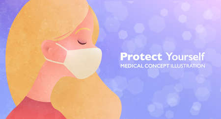 Woman wearing face mask protecting herself from pollution and virus. Protect yourself concept illustration. Vector design banner template.のイラスト素材