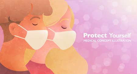 Man and woman wearing face masks protecting themselves from pollution and virus. Protect yourself concept illustration. Vector design banner template.のイラスト素材