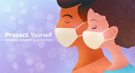 Protect yourself concept illustration. Man and woman wearing face masks protecting themselves from pollution and virus. Vector design banner template.のイラスト素材