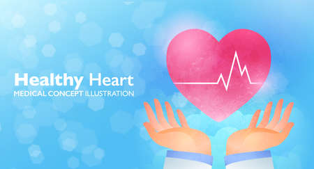Healthcare and medicine concept banner. Doctor's hands rising the heart with pulse graph against light blue bokeh background. Business vector illustration.のイラスト素材