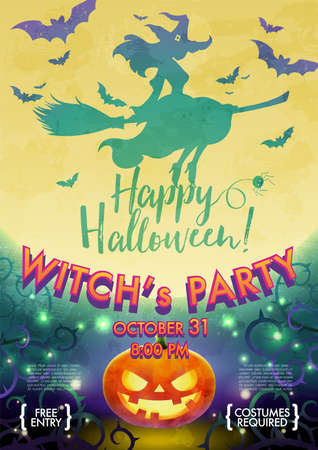 Halloween party poster. The pretty witch flies on a broomstick against a background of the full moon. Halloween greeting concept. Vector illustration.のイラスト素材