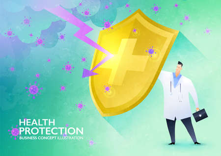 Health protection concept. Doctor rising the golden shield against the storm of viruses and lightning protecting himself from harm. Business vector illustration.のイラスト素材