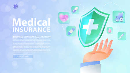 Medical insurance concept. Doctor's hand holding a medical protection shield and medical related icons with a careful gesture. Medical healthcare landing page. Vector illustration.のイラスト素材