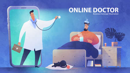 Online Doctor concept banner template. Telemedicine support. A video call of a patient to see a doctor via smartphone at nighttime. Healthcare, medicine and technology vector illustration.のイラスト素材