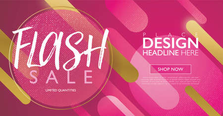 Flash sale marketing banner. Discount promo offer flyer and poster. Deep magenta and gold with geometric round objects abstract background. Vector illustration template.のイラスト素材