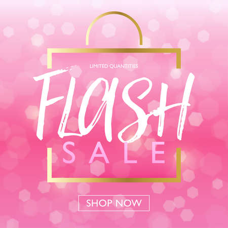 Flash sale marketing square banner. Discount promo offer flyer and poster. Golden shopping back outline design on glitter bokeh background background. Vector illustration template.のイラスト素材