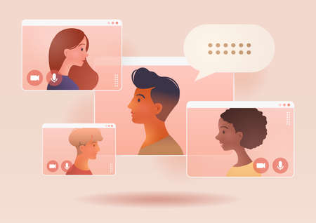 Video conference call of a business group meeting. Remote work. Work from Home, Online webinar. Social distancing. Online technology concept vector illustration.のイラスト素材