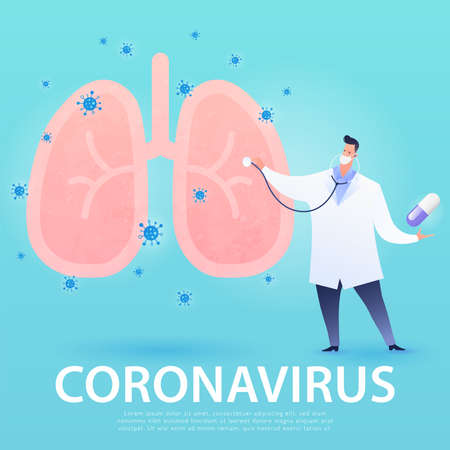 Coronavirus Pandemic. Concept of coronavirus awareness. doctor examines infected lung. Medical healthcare vector illustration.のイラスト素材