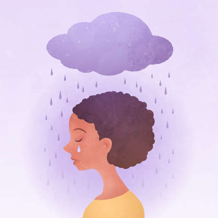 Anxiety, Obsessive compulsive, ADHD, and Mental disorders concept. Closeup sad young woman with a rainy cloud above the head. Conceptual vector illustration.のイラスト素材