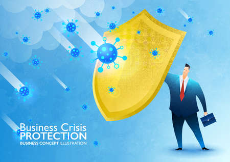 Business crisis protection. Insurance coverage and government policy to help business in Coronavirus crisis. Businessman holding golden shield to protect himself from COVID-19. Vector illustration.のイラスト素材