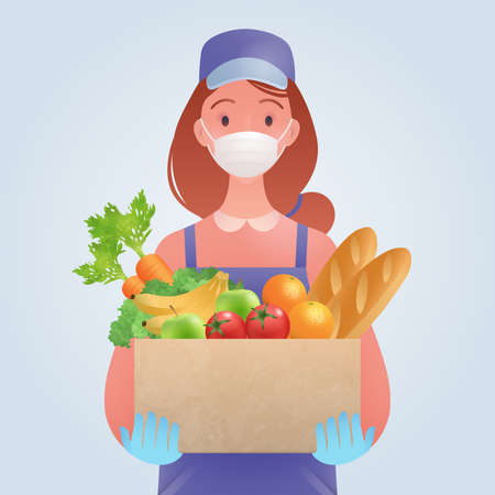 Safe Food delivery, new normal concept. A young woman delivering food items wearing mask and gloves for the safety service. Conceptual vector illustration.のイラスト素材