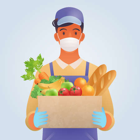 New normal, safe Food delivery concept. A young man delivering food items wearing mask and gloves for the safety service. Conceptual vector illustration.のイラスト素材