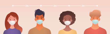 People practice social distancing, new normal concept. people with different types of races wearing masks and keep their distance 2 meters away from each other. Conceptual vector illustration.のイラスト素材