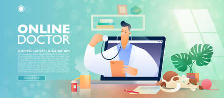 Online Doctor and Telehealth concept banner. Video call with doctor via online technology in your own home. Flat cartoon character of doctor pops out from a laptop computer. Vector illustration.のイラスト素材